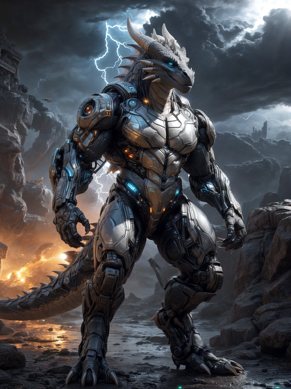 An advanced bionic mech, cybrog, anthro, (dragon), cyborg, male, white body, silver torse, shiny, [full body], Muscle, det...